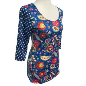 Amma Design Womens Petite Small PS Long Sleeve Scoop Paisley Floral Top Blouse